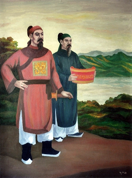 Nguyễn Trãi dâng lên Lê Lợi Bình Ngô sách tại căn cứ khởi nghĩa Lam Sơn.                        Tranh: HOÀNG HOA MAI