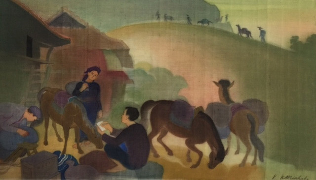 Tranh lụa Chuyển hàng lên vùng cao của họa sĩ Vi Kiến Minh.