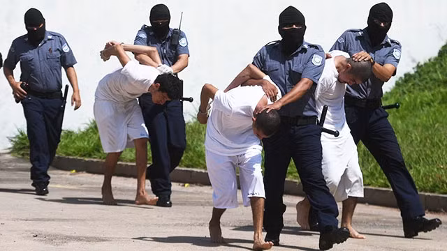 Cảnh sát El Salvador bắt giữ các thành viên băng đảng MS-13. Ảnh: AFP