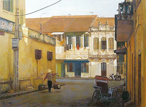 Một góc phố Hà Nội trong tranh Phạm Bình Chương.