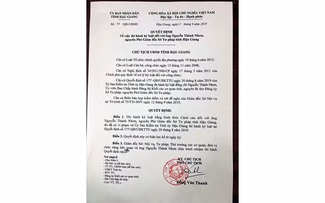 Cảnh cáo ông Nguyễn Thành Nhơn, nguyên Phó Giám đốc Sở Tư pháp Hậu Giang 