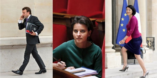 Ba bộ trưởng mới của chính phủ Pháp (Từ trái sang Bộ trưởng Emmanuel Macron, Najat Vallaud-Balkacem và Fleur Pellerin). (Ảnh: AFP).