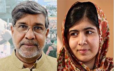 Hai ứng viên đồng đoạt giải Nobel hòa bình 2014 - nữ sinh người Pakistan Malala Yousafzai (phải) và nhà hoạt động vì quyền trẻ em người Ấn Độ Kailash Satyarthi