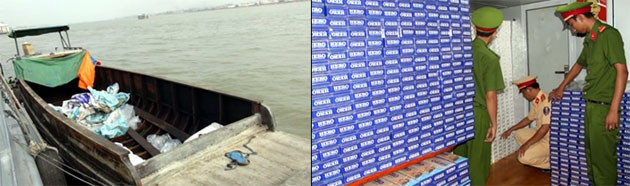 Phương tiện vận chuyển và số thuốc lá nhập lậu bị lực lượng chức năng thu giữ.