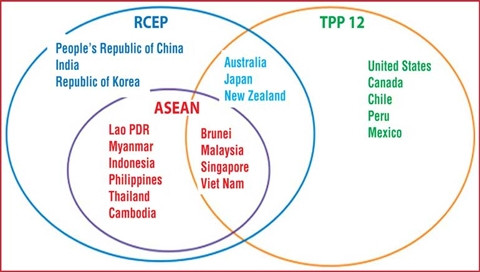 12 thành viên TPP và 16 nước đàm phán RCEP.