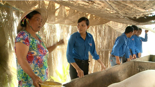 Đồng chí Danh Thị Mị (thứ hai từ trái qua) cùng các đoàn viên, thanh niên xã Khánh Hòa, huyện U Minh (Cà Mau) thăm mô hình chăn nuôi gia súc của một hộ dân.