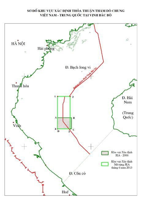 SƠ ÐỒ KHU VỰC XÁC ÐỊNH THỎA THUẬN THĂM DÒ CHUNG VIỆT NAM - TRUNG QUỐC TẠI VỊNH BẮC BỘ.