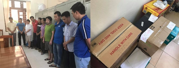 Các đối tượng trong đường dây đánh bạc cùng tang vật bị thu giữ.