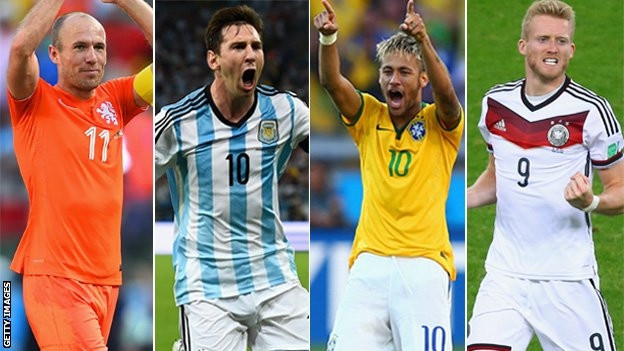 Các ngôi sao (từ trái sang) : A. Robben (Hà Lan), L. Messi (Argentina), Neymar (Brazil), A. Schurrle (Đức).