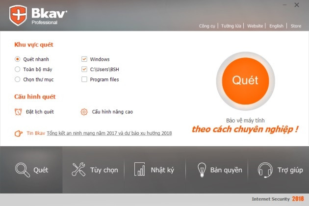 Giao diện phần mềm diệt virus Bkav 2018.