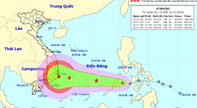 Vị trí và hướng di chuyển của áp thấp nhiệt đới. (Nguồn: nchmf.gov.vn)