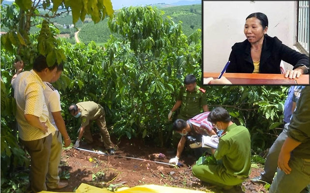 Cơ quan chức năng khám nghiệm hiện trường và nghi phạm Nhi (ảnh nhỏ).