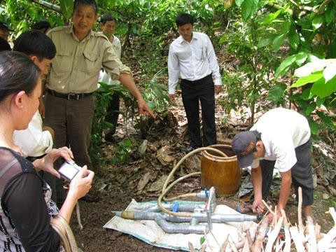 Tiến sĩ Phạm Hồng Đức Phước (người chỉ tay) hướng dẫn thực hành hệ thống phun thuốc và bón phân qua tại một vườn ca cao 