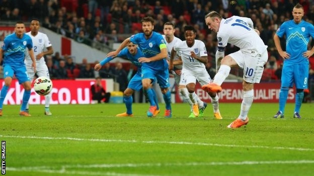 W. Rooney (số 10 áo trắng) sút phạt đền gỡ 1-1 cho tuyển Anh