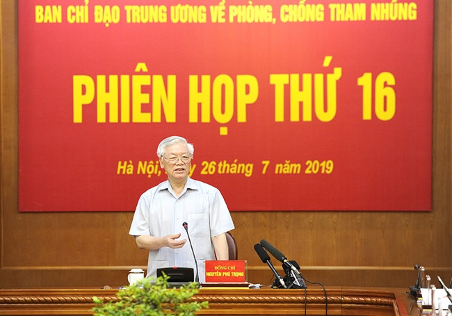 Tổng Bí thư, Chủ tịch nước Nguyễn Phú Trọng, Trưởng Ban Chỉ đạo T.Ư về phòng, chống tham nhũng phát biểu ý kiến chỉ đạo phiên họp.