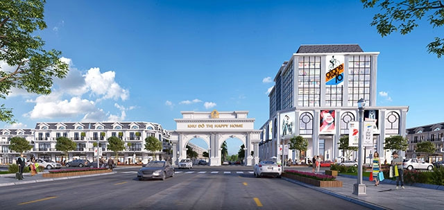Mặt trước cổng vào Khu đô thị Happy Home Cà Mau.