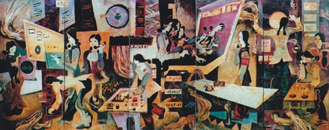 Những cô gái thông tin (Tranh sơn mài của Nguyễn Cương).