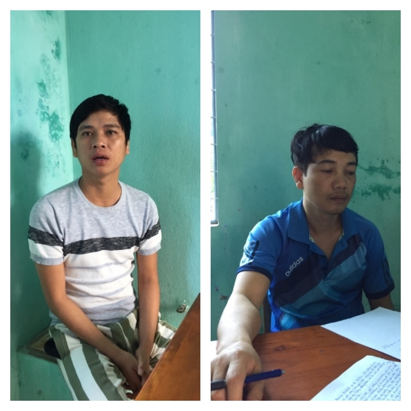 Hai đối tượng Ngô Hữu Sô (phải) và Vy Tấn Sỹ (trái) tại cơ quan công an.