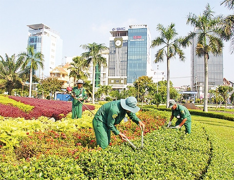 Công nhân cắt cỏ, bảo dưỡng cây xanh tại Công viên Dạ Cầu, TP Hồ Chí Minh.