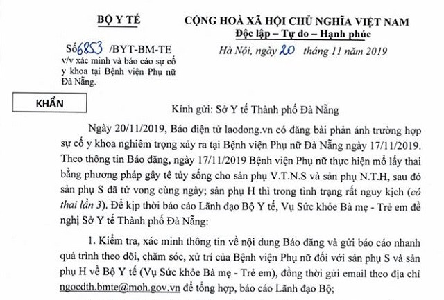 Bộ Y tế ra hai công văn khẩn chỉ đạo xử lý sự cố tai biến sản khoa