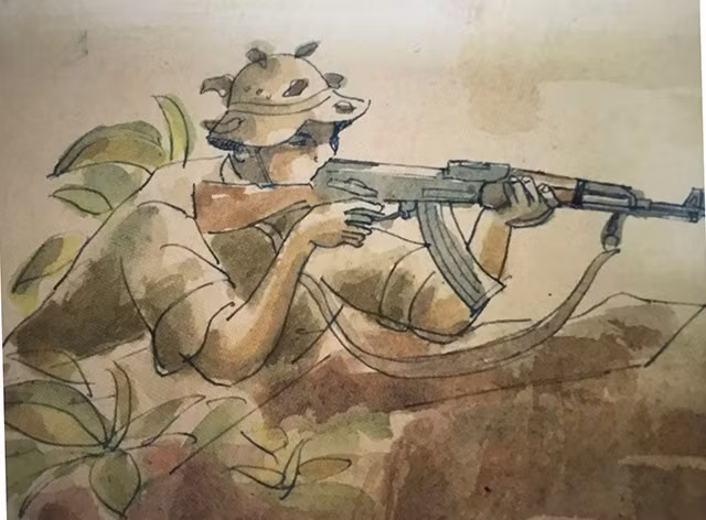 Ký họa chiến trường “Không cho nó thoát” của Hữu Thảnh.