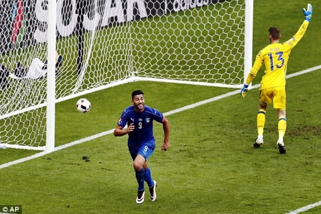 Tiền đạo Graziano Pelle của đội tuyển Italy có bàn thắng đẹp vào lưới Tây Ban Nha ở vòng 1/8. (Ảnh: Reuters).