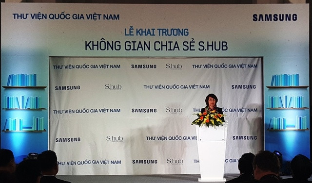 Giám đốc Thư viện Quốc gia Việt Nam Kiều Thúy Nga phát biểu tại Lễ khai trương S.hub.