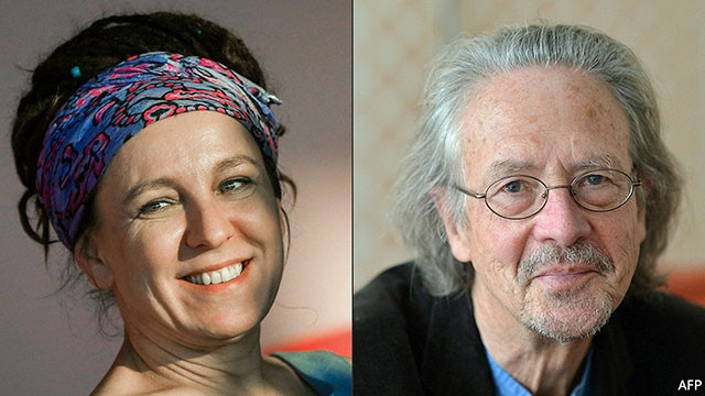 Nhà văn Ba Lan Olga Tokarczuk (trái) và nhà văn Áo Peter Handke. Ảnh: AFP