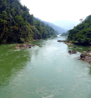 Lòng sông xanh ngắt và đầy bãi đá nổi (ảnh chụp từ trên chiếc cầu treo đầu tiên bắc qua lòng sông trên đất Việt Nam) 
