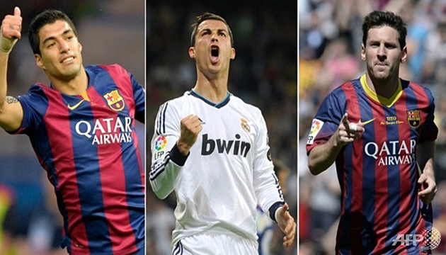 Từ trái qua: Luis Suarez, Cristiano Ronaldo và Lionel Messi. (ảnh: AFP)