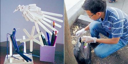 Những món đồ lưu niệm được làm từ rác * Thành viên Hội nhặt rác Hồ Gươm thu gom rác.