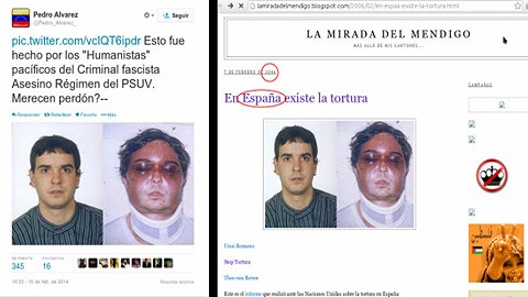 Bên trái: Bức ảnh được đăng trên tài khoản Twitter của Pedro Alvares, "buộc tội" cảnh sát Venezuela "đánh đập" một sinh viên biểu tình. Nhưng thực chất, người trong ảnh có tên Unai Romano, bị bắt tại 