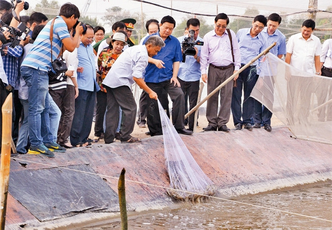 Đồng chí Đinh La Thăng, Ủy viên Bộ Chính trị, Bí thư Thành ủy TP Hồ Chí Minh tham quan mô hình nuôi tôm công nghiệp của nông dân tại xã Lý Nhơn, huyện Cần Giờ.