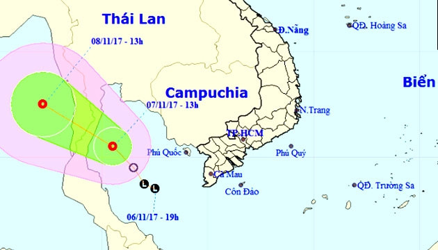Vị trí và hướng di chuyển của áp thấp nhiệt đới. (Nguồn: nchmf.gov.vn) 