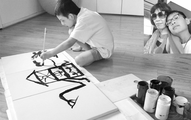 Những nỗ lực bền bỉ trong suốt hơn 13 năm của chị Mai Anh đã giúp con trai tìm được cánh cửa mở ra với cộng đồng (ảnh nhỏ). Những bức họa của Nem đã được Tò he chọn in trên các sản phẩm của mình, mở r