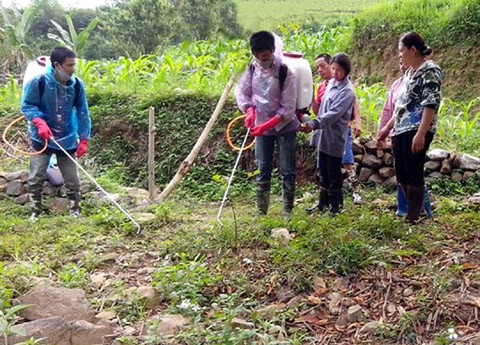 Cán bộ Trạm Bảo vệ thực vật huyện Nguyên Bình (Cao Bằng) hướng dẫn bà con xã Bắc Hợp phun thuốc phòng, trừ châu chấu. Ảnh: NÔNG UYÊN