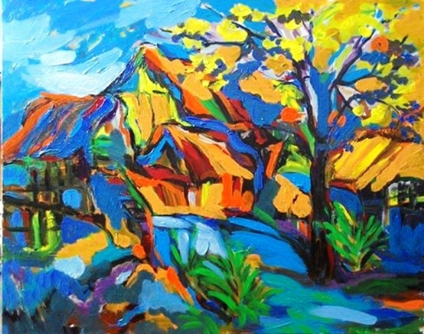 Tranh sơn dầu Bản làng vùng cao Tây Bắc của họa sĩ Cẩm Vân.