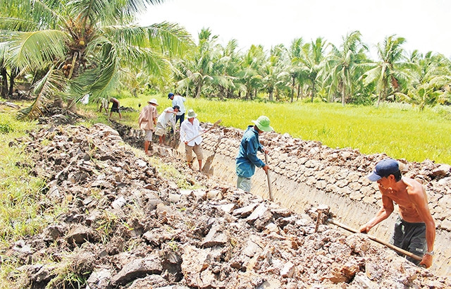 Người dân xã Hưng Nhượng, huyện Giồng Trôm (Bến Tre) đào mương tháo nước để chuyển đổi từ trồng lúa sang trồng dừa. Ảnh: HOÀNG TRUNG
