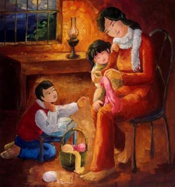 Ba mẹ con. Tranh bột mầu của họa sĩ PHAN THỊ DUNG (Gia Lai).