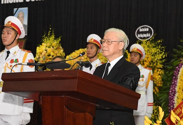 Tổng Bí thư Nguyễn Phú Trọng đọc Lời điếu tại Lễ truy điệu đồng chí Đỗ Mười sáng 7-10.