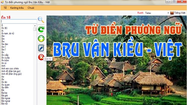 Giao diện của Từ điển điện tử phương ngữ Bru Vân Kiều - Việt.