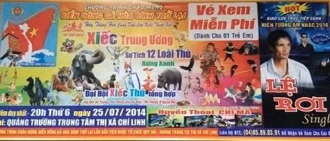 Quảng cáo vi phạm thương hiệu của Liên đoàn Xiếc Việt Nam và quảng cáo sự tham gia của Lệ Rơi trá hình tại Hải Dương (tháng 7-2014). Ảnh do Liên đoàn Xiếc Việt Nam cung cấp