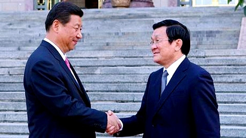 Tổng Bí thư, Chủ tịch Trung Quốc Tập Cận Bình đón Chủ tịch nước Trương Tấn Sang tại Ðại Lễ đường Nhân dân.