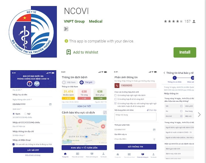 Giao diện của ứng dụng NCOVI trên kho ứng dụng của Google.