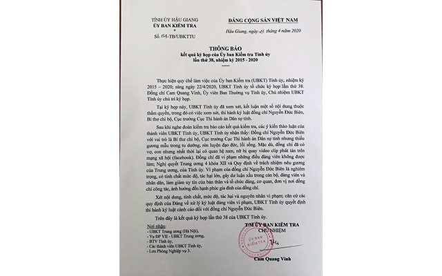 Kỷ luật cảnh cáo Cục trưởng Cục Thi hành án dân sự tỉnh Hậu Giang