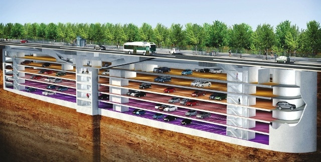 Phối cảnh bãi đỗ xe ngầm phía dưới, công viên cây xanh phía trên tại Khu đô thị Mễ Trì Hạ.