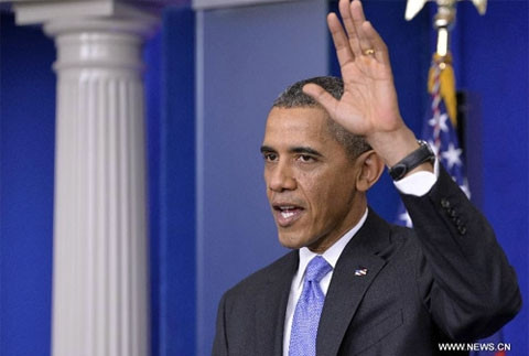 Tổng thống Mỹ Obama tại cuộc họp báo cuối năm tại phòng họp Brady ở Nhà Trắng (Ảnh: Tân Hoa xã)