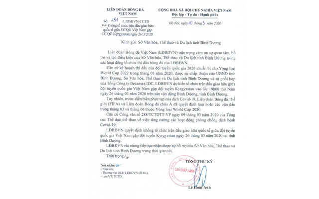 Công văn hoãn tổ chức trận giao hữu quốc tế giữa ĐTQG Việt Nam gặp ĐTQG Kyrgyzstan tại sân vận động tỉnh Bình Dương.