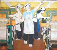 Bức "Tan ca mời chị em đi họp bình thợ giỏi" sau khi được phục chế.