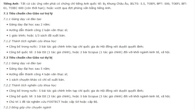 Thông tin từ trang chính thức của trường về tiêu chuẩn chức danh Giáo sư